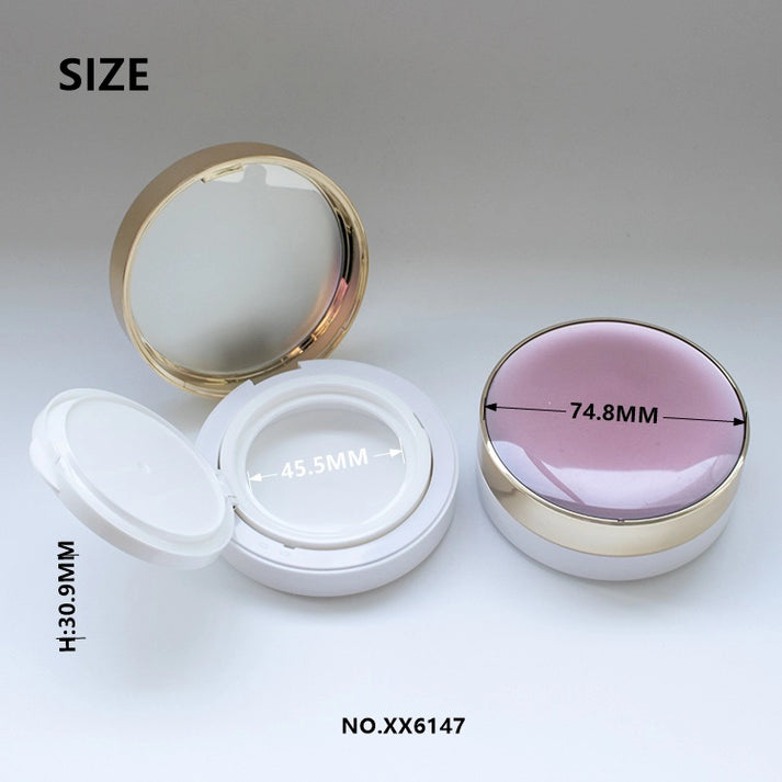 74.8mm Elegant Dome Top Empty Cushion Foundation Case with Gold Rim and Pure White Interior DJ-1104